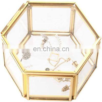 Europe Antique Copper Ring Necklace Jewelry Copper Hexagon Box Glass Serving Trays for Woman Storage