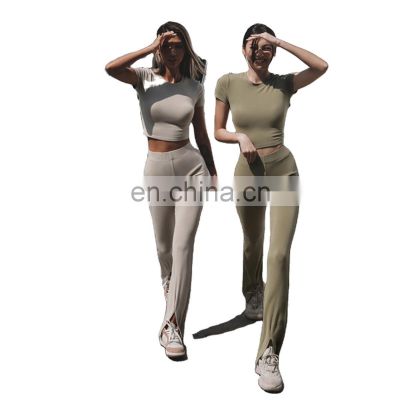 Wholesale custom women's 2021 Amazon summer new round neck slim casual sports suit two-piece top crop