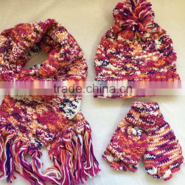 Fashion woman chunky yarn gold lurex cable knitting cuff beanie fringe scarf fingless gloves flip top set