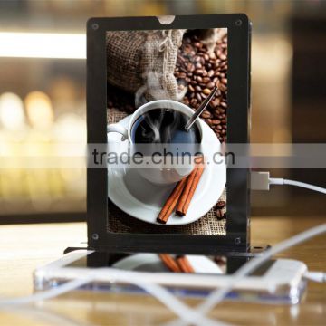 Acrylic menu holder double-side advertising with mobile phone charger for restaurant and cafe