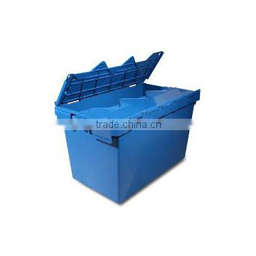 Turnover sold plastic attached lid container/colored plastic storage bin