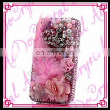 Aidocrystal Pink girl's Rhinestone Cases crown Crystal Bling Gliter pearl feather Phone cases cover