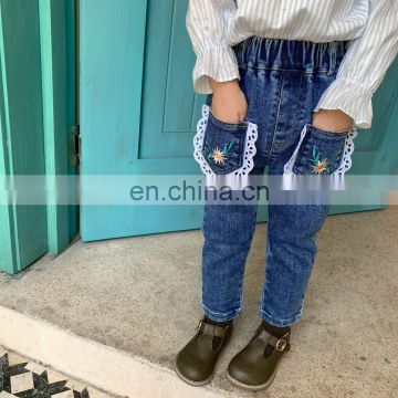 Children's clothing 2020 autumn new girls embroidered denim trousers Slim foot pants female baby casual trousers