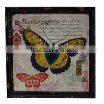 Retro Wood Frame Linen Wall Printing With Butterfly