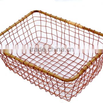 HOT SELLING RECTANGLE COPPER WIRE BAMBOO FRUIT VEGETABLE BASKETS SET OF 3 PIECES