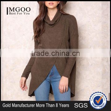 MGOO Handmade Sweaters For Girl Brown Asymmetric High Neck Overlay Tops Long Sleeves Fashion Winter Tops