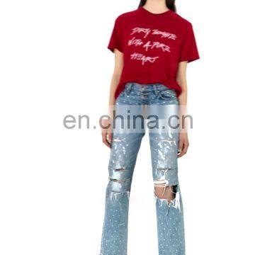 DiZNEW High Hop Distressed Ripped Hole Straight Leg Boyfriend Women Jeans