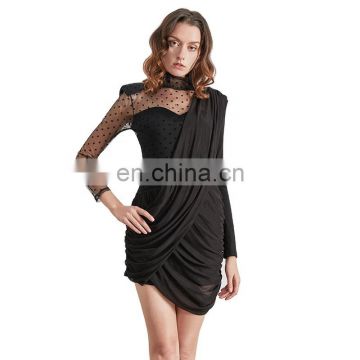 TWOTWINSTYLE Dresses Female Vintage Asymmetrical Mesh Stand Collar Puff Long Sleeve High Waist Ruched