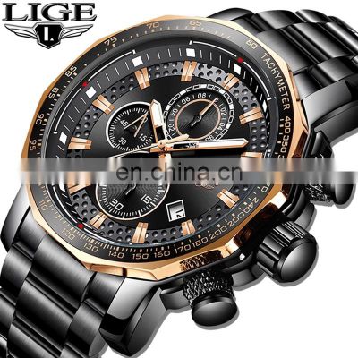 Lige 9902 Brand Your Own Log Men Quartz Wrist Watch OEM Chrono Functional Steel Watch Custom