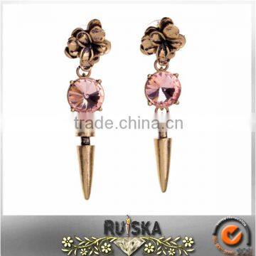 Rivet Pendant Vintage Alloy Flower Earrings With Pink Crystal