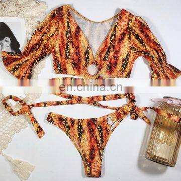 Short sleeved leopard print bikini  hot sell swimsuit separated beachwear