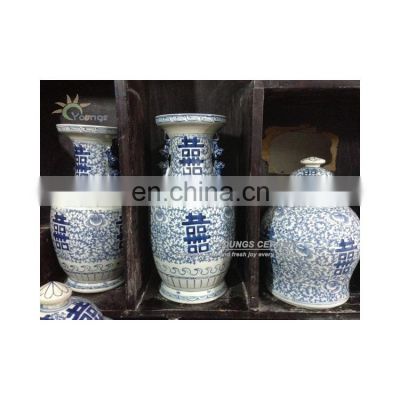 Retail Oriental Hand Painted Blue And White Porcelain Vases With Double Happiness Design