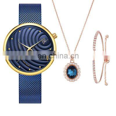 Shengke 2021 New Fashion Ladies Watches Set Alloy Case Steel Mesh Band Blue Wristwatch Gift Set Earing Necklace Accessory