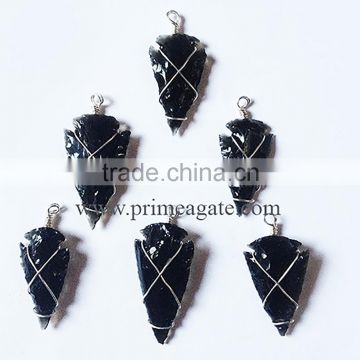 Wire Wrapped Black Obsidian Arrowhead Pendants Wholesale