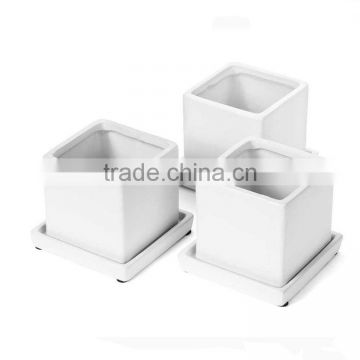 Set of 3 Succulent Planters Ceramic Cubes with Drain Hole and ITray
