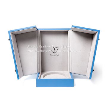 High quality elegant blue double slanted doors wooden wine packing box empty piano painted wooden box wine bottle gift box with custom logo