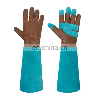 HANDLANDY Blue Durable Pigskin Leather Long Cuff Thorn Proof Landscaping Working Gloves Rose Pruning Women Garden Gloves