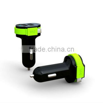 Dual USB car charger with inbuilt cable for iphone5s with 2.4A with Apple 8pin