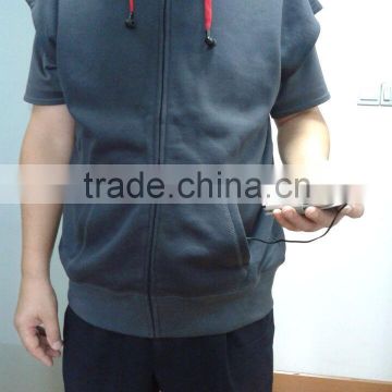 mens 100% cotton plain sleeveless hoodie with earphone