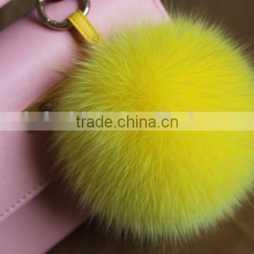 Wholesale Fluffy Cute 12cm Dyed Yellow Fox Fur Ball with Keychain