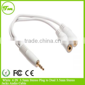 3.5mm Stereo Plug to Dual 3.5mm Stereo Jacks - White - 6 IN