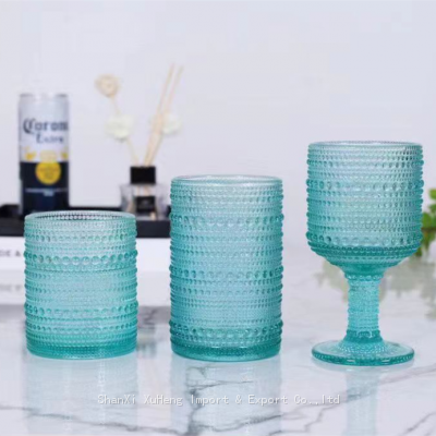 Embossed Turquoise Solid Colored Glassware Goblet Wine Glass And Tumblers