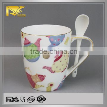 Drinkware gold rim tea mug with spoon ceramic, custom printed thermos mug, couple mug cup