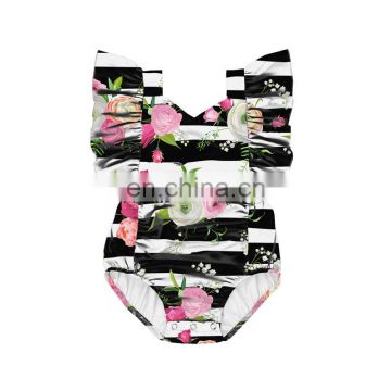 Floral Stripe flutter sleeve Baby romper crossing back baby girl romper wholesale price