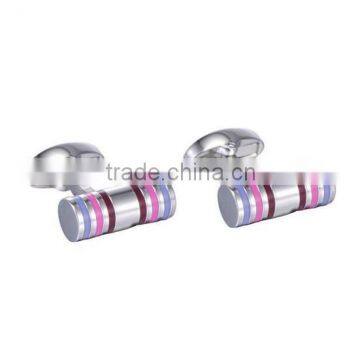 Cylinder Stainless Steel Cufflinks for Men with Purple Pink and Burgundy Stripes