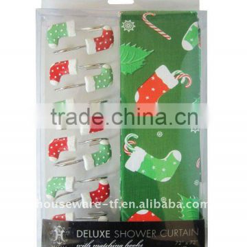 Christmas stocking pattern shower curtain with resin hooks
