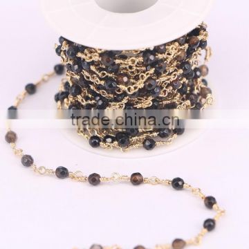 Fashion 5Meter Brown Agate Faceted Round Bead Rosary style Chain, Gold plated Wire Wrapped Chain Necklace DIY Jewelry Findings