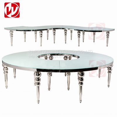 Gold Stainless Steel Luxury Half-Moon Wedding Table Mirror Glass Top Banquet Event Wedding Serpentine Table
