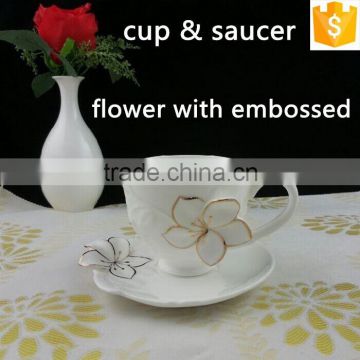 elegant gold-rim flower with embossed tea cup 200c bone china embossed cup and saucer