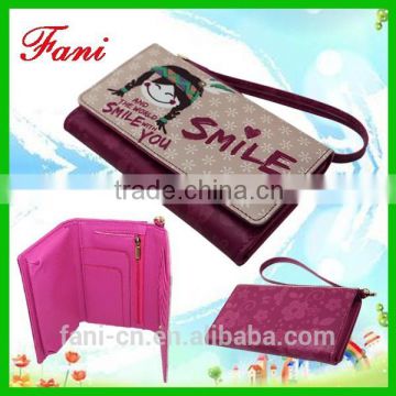 New design and new arrival cartoon smiles girl leather wallets for girls / teens with wrist strap