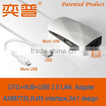 USB 2.0 to rj45 LAN adapter with USB OTG Cable for Android 2 Ports HUBs for Chromebook Pixel plug and play
