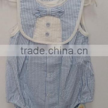baby boys blue and wihte stripes knit and woven mix romper for summer