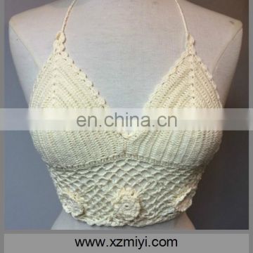 Hot White Crochet Crop Top Backless Halter Tops With Crochet Flower