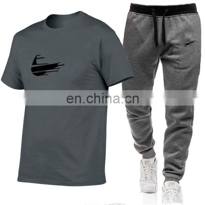 Manufacturer wholesale men's round short-sleeved T-shirt +long pants casual running beach two-piece suit S-3XL