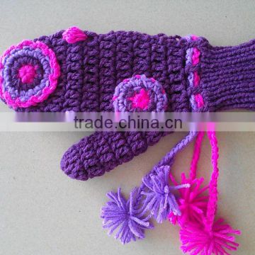 Acrylic Double Yarn Hand Crochet Girl's Mitten With Dots and Pompoms