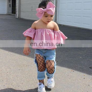 Children's clothing ins summer girl's meat powder one-shoulder top + ripped jeans headwear suit