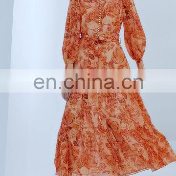 TWOTWINSTYLE Women Print Dress V Neck Lantern Long Sleeve High Waist Lace Up Patchwork Maxi Elegant