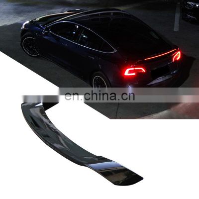 Black Matte Carbon Fiber Car Rear Trunk Wing Spoiler With Light For Tesla Model 3