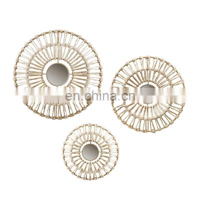 Hot Selling Natural Water Hyacinth Mirror Wrapped Metal Wall Decor 3 Piece Set Vintage Decoration High Quality