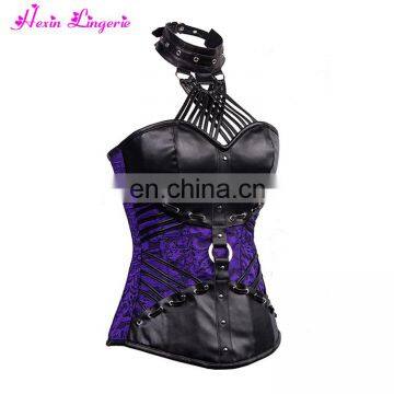 Fast Shipping black and purple halter neck bondage sexy women's corset