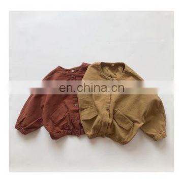 2020 New arrival  children's Korean retro linen cotton round neck cardigan bat sleeve girls jacket