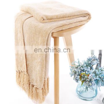Best Quality Light Yellow Acrylic High Quality Blanket Jacquard Knitted Blanket With Tassels
