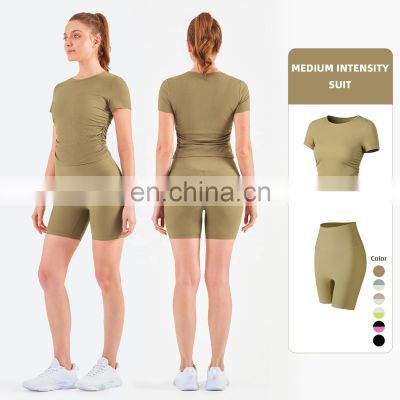 Women Ribbed Short Sleeve Slim Fit T-Shirt And Short Yoga Set Sport Fitness Suit