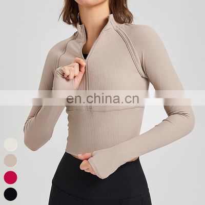Quick Dry Slim Fit Running Fitness Jackets Long Sleeve Thumb Hole Sports Tops Women Half Zipper Stand Collar Yoga Jacket
