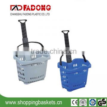 Hot sale rolling supermarket shopping plastic basket with 2 wheels widely use in supermarket and home