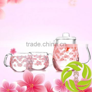 New design family kitchen use glass kettle teaset specification flower tea teaset pyrex glass 650ml teapot with 2pcs tea cups